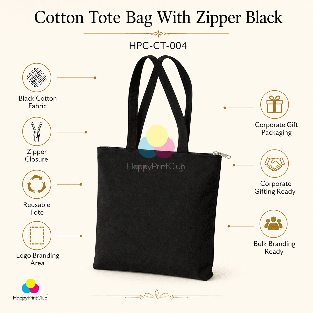 Cotton Tote Bag With Zipper Black For Corporate Gifting