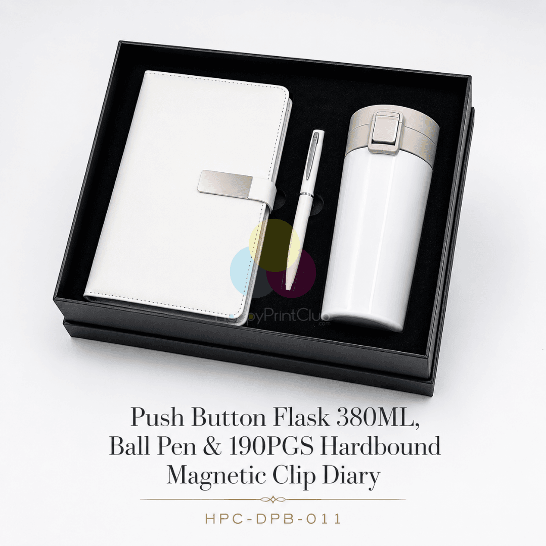 Employee Welcome Kit With Push Button Flask 380ML, Ball Pen & 190 Pages Hard Bound Magnetic Clip Diary