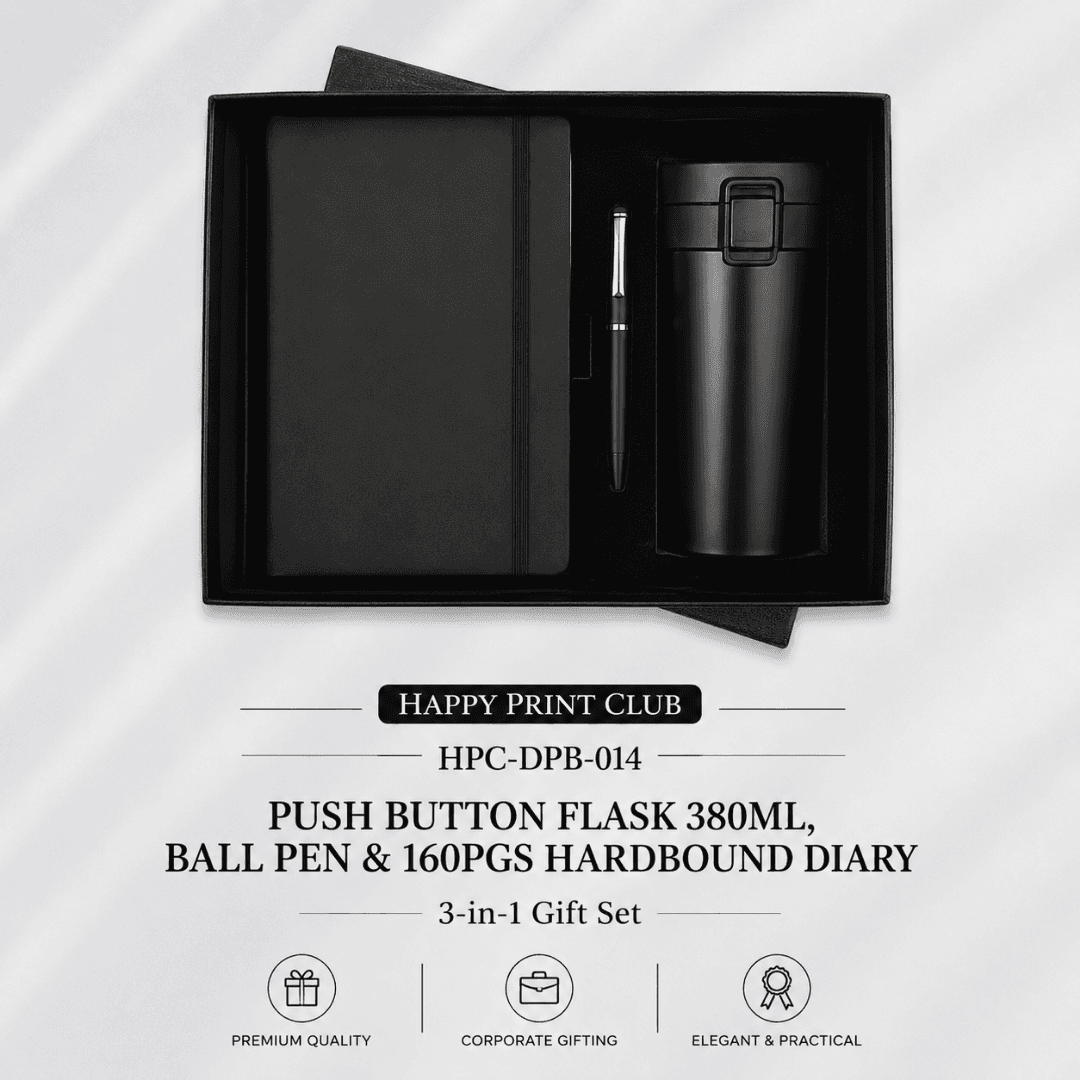 Employee Welcome Kit With Push Button Flask 380ML, Ball Pen & 160 Pages Hard Bound Diary