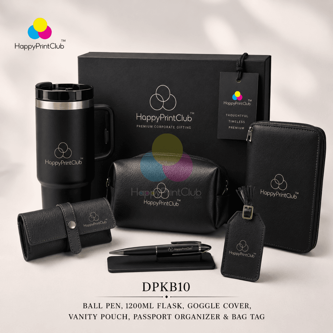 Employee Welcome Kit With Ball Pen, 1200ML Flask, Goggle Cover, Vanity Pouch, Premium Passport Organizer & Bag Tag