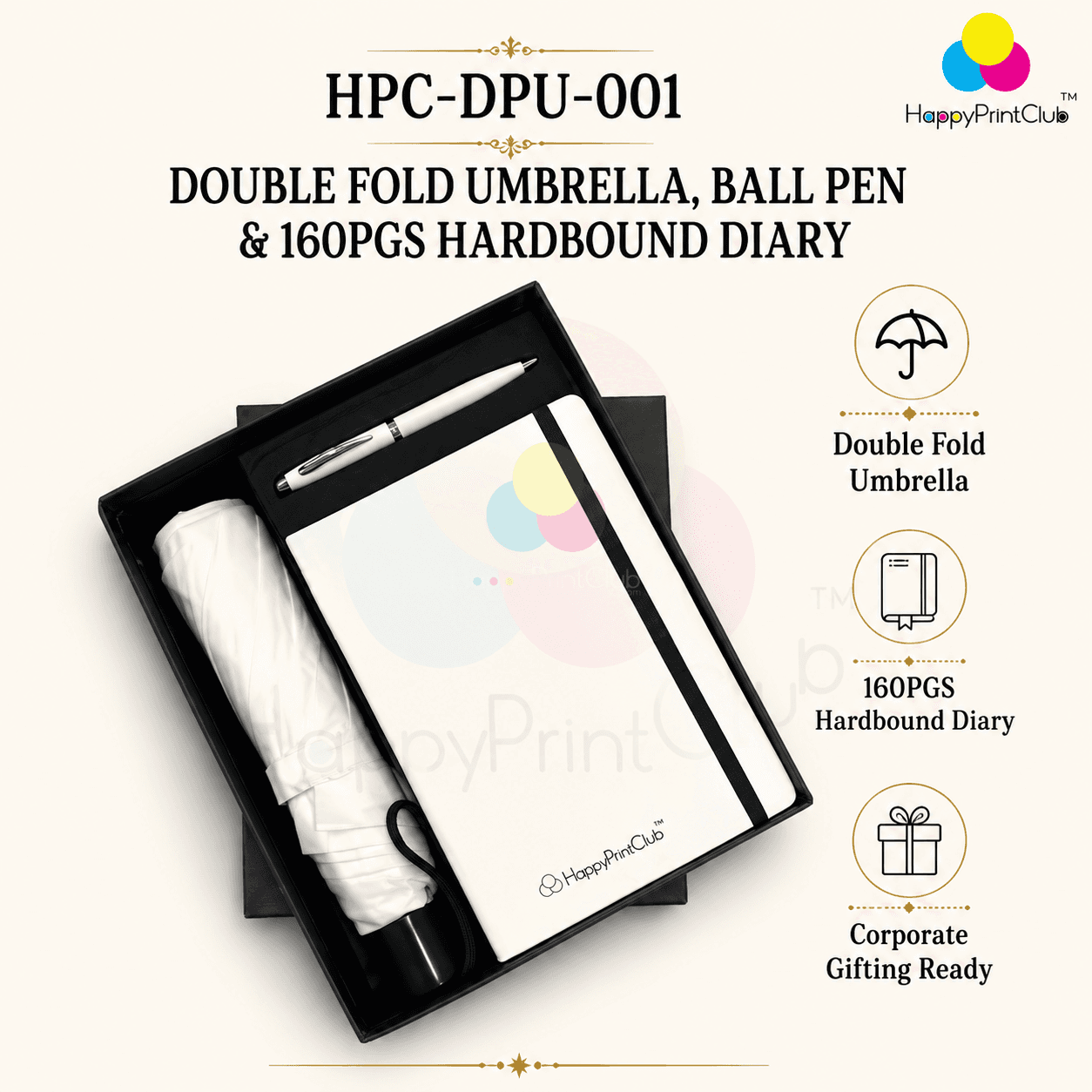 Customized Corporate Gift Set With Double Fold Umbrella, Ball Pen & 160 Pages Hard Bound Diary