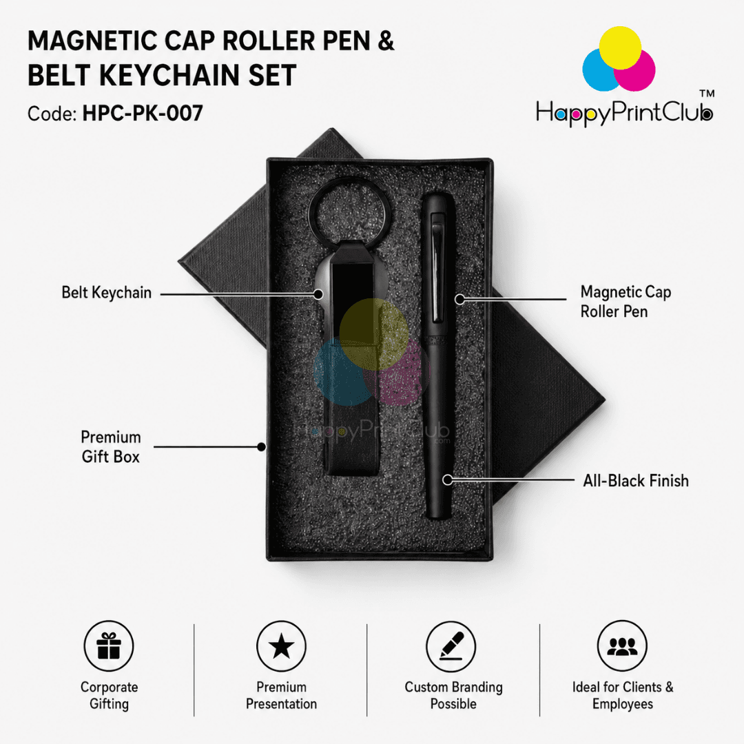 Customized Corporate Gift Set With Magnetic Cap Roller Pen & Belt Keychain