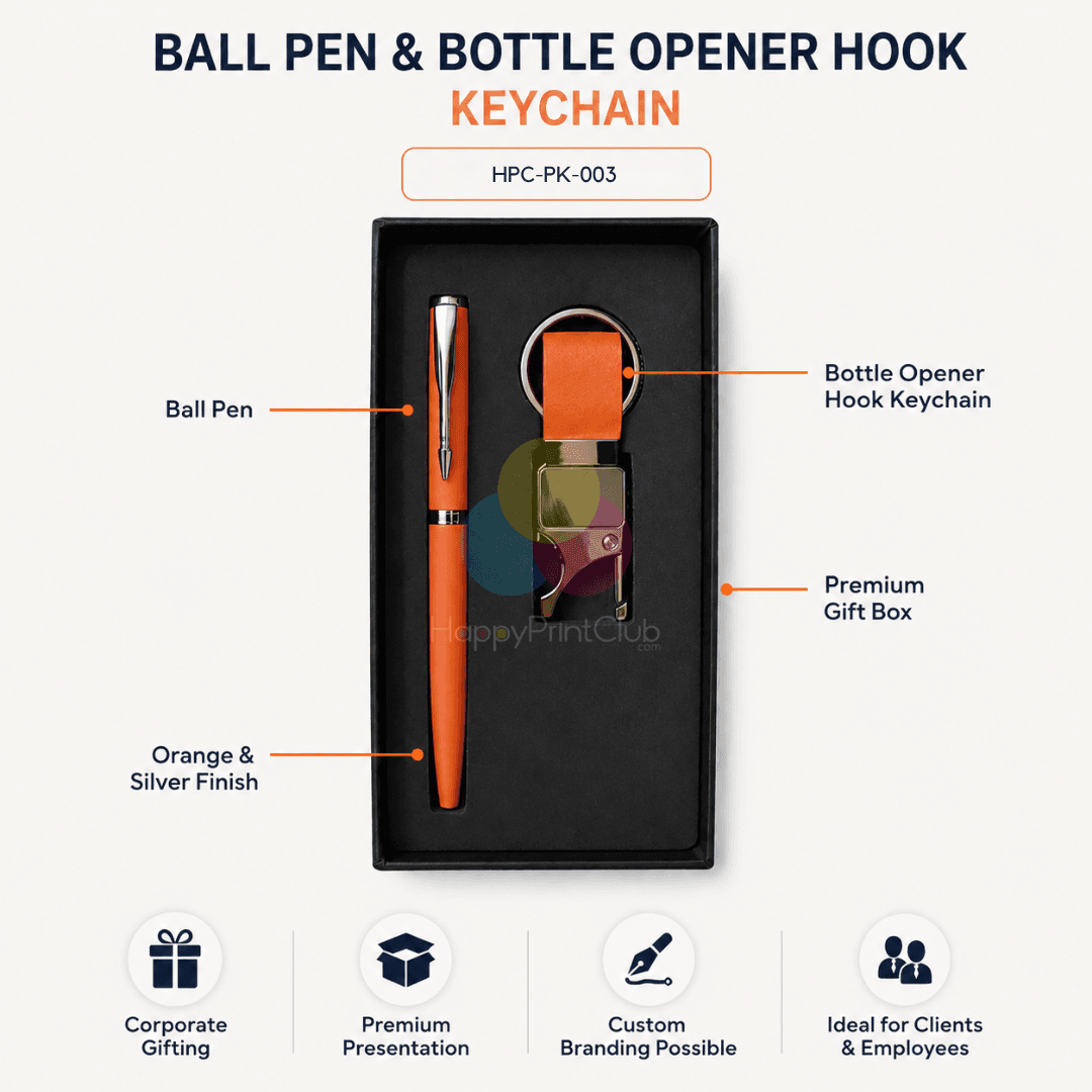 Customized Corporate Gift Set With Ball Pen & Bottle Opener Hook Keychain