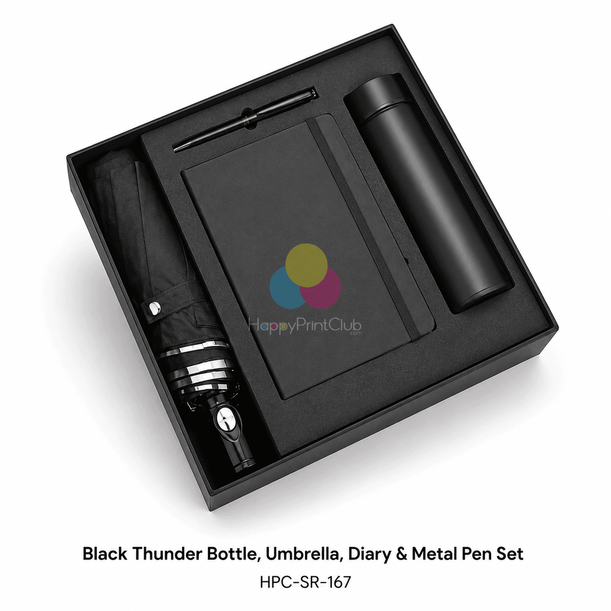 Customized Black Thunder Non-Temperature Bottle, 3 Fold Umbrella, Diary & Metal Pen For Corporate Gifting