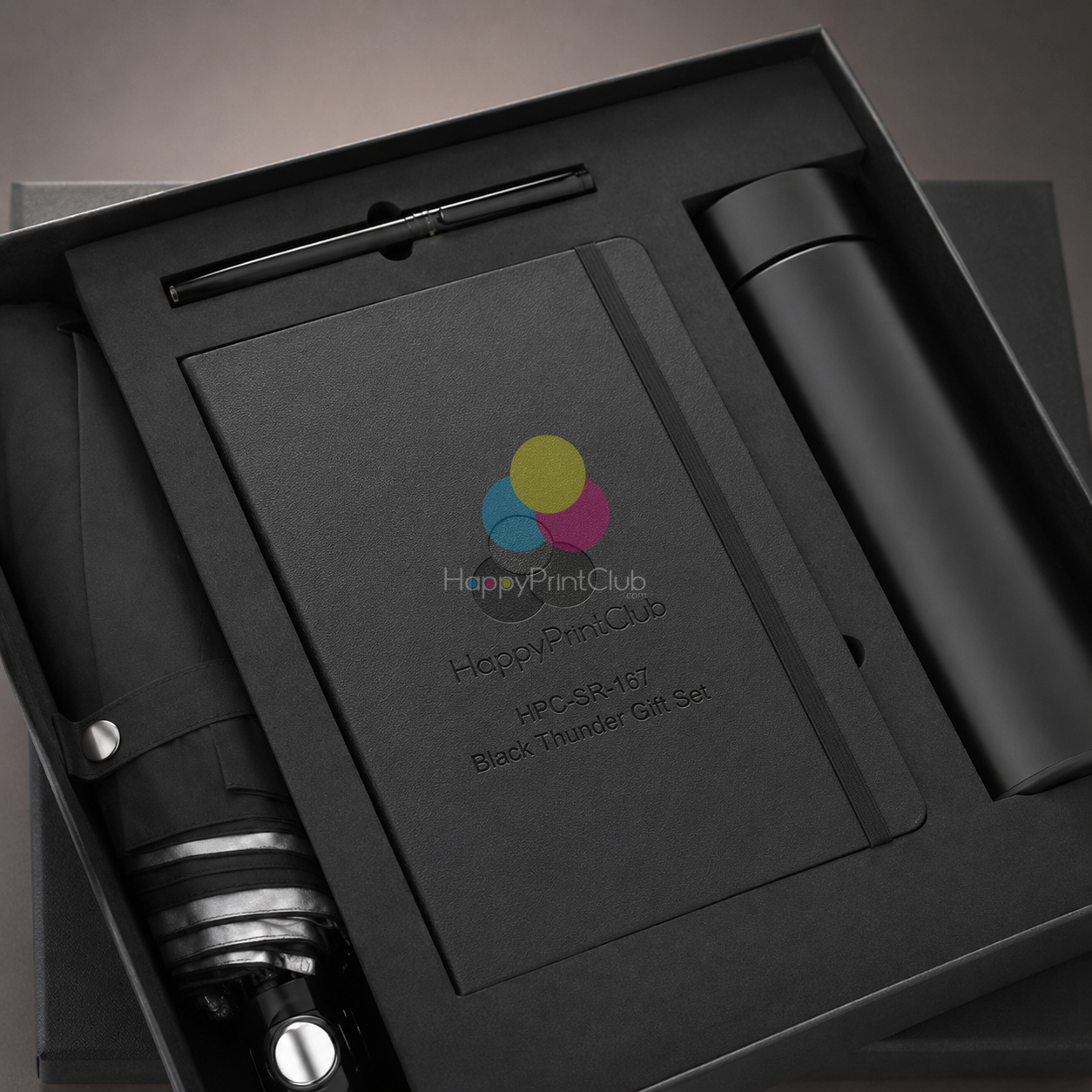 Customized Black Thunder Non-Temperature Bottle, 3 Fold Umbrella, Diary & Metal Pen For Corporate Gifting