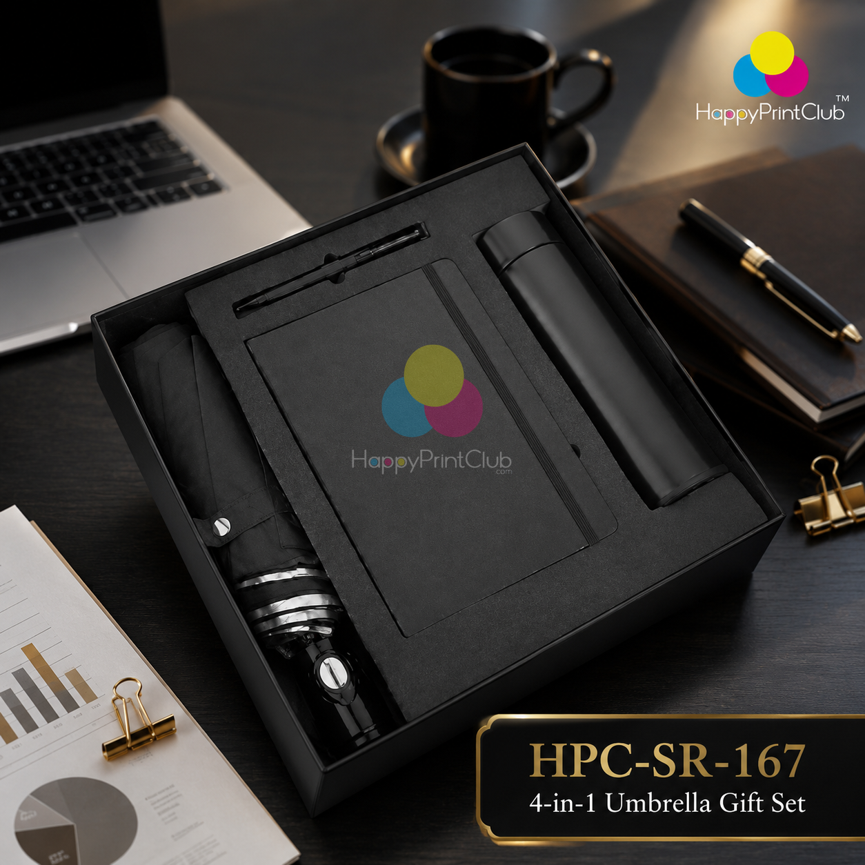 Customized Black Thunder Non-Temperature Bottle, 3 Fold Umbrella, Diary & Metal Pen For Corporate Gifting