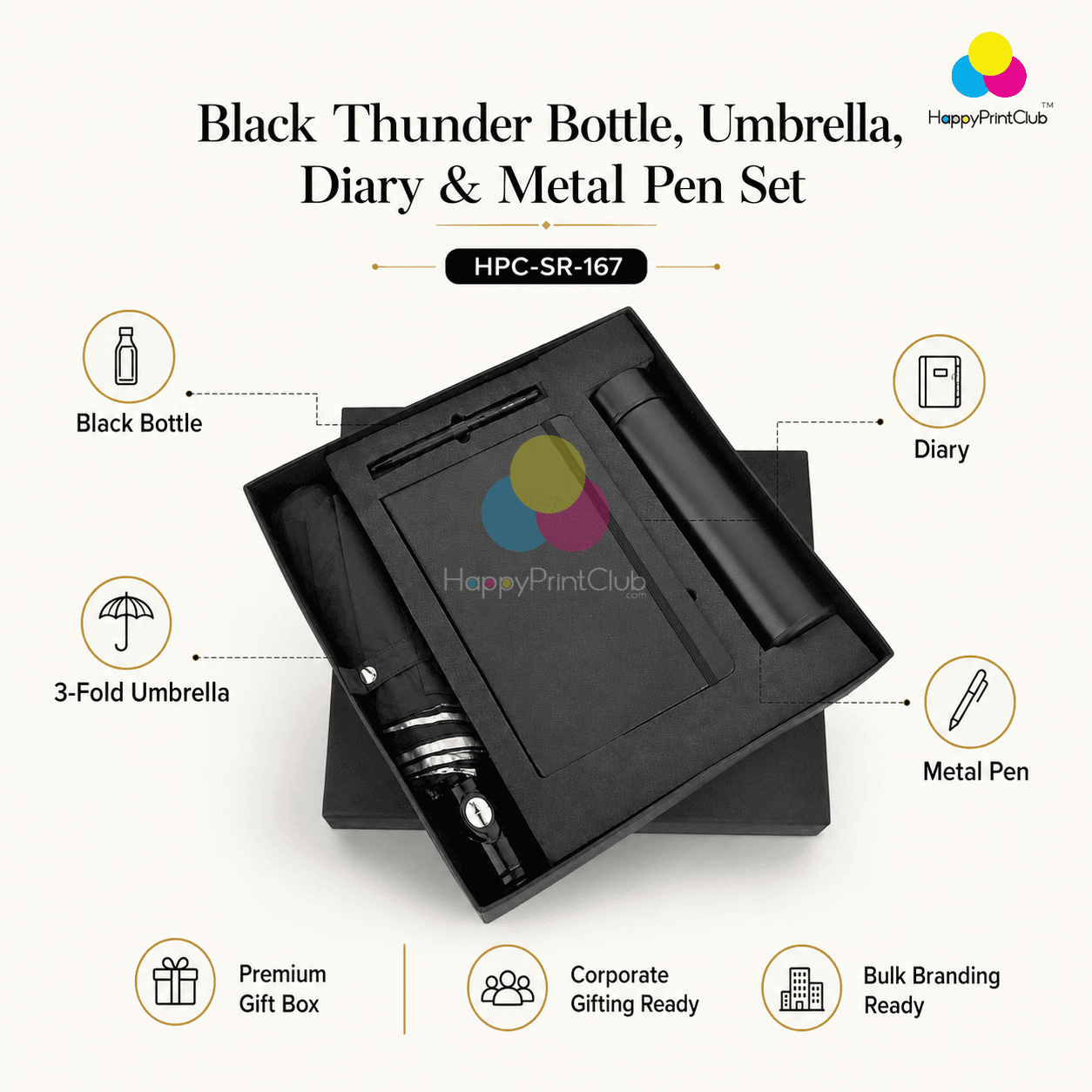 Customized Black Thunder Non-Temperature Bottle, 3 Fold Umbrella, Diary & Metal Pen For Corporate Gifting
