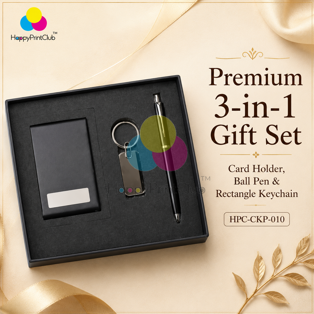 Customized Corporate Gift Set With Card Holder, Ball Pen & Rectangle Keychain