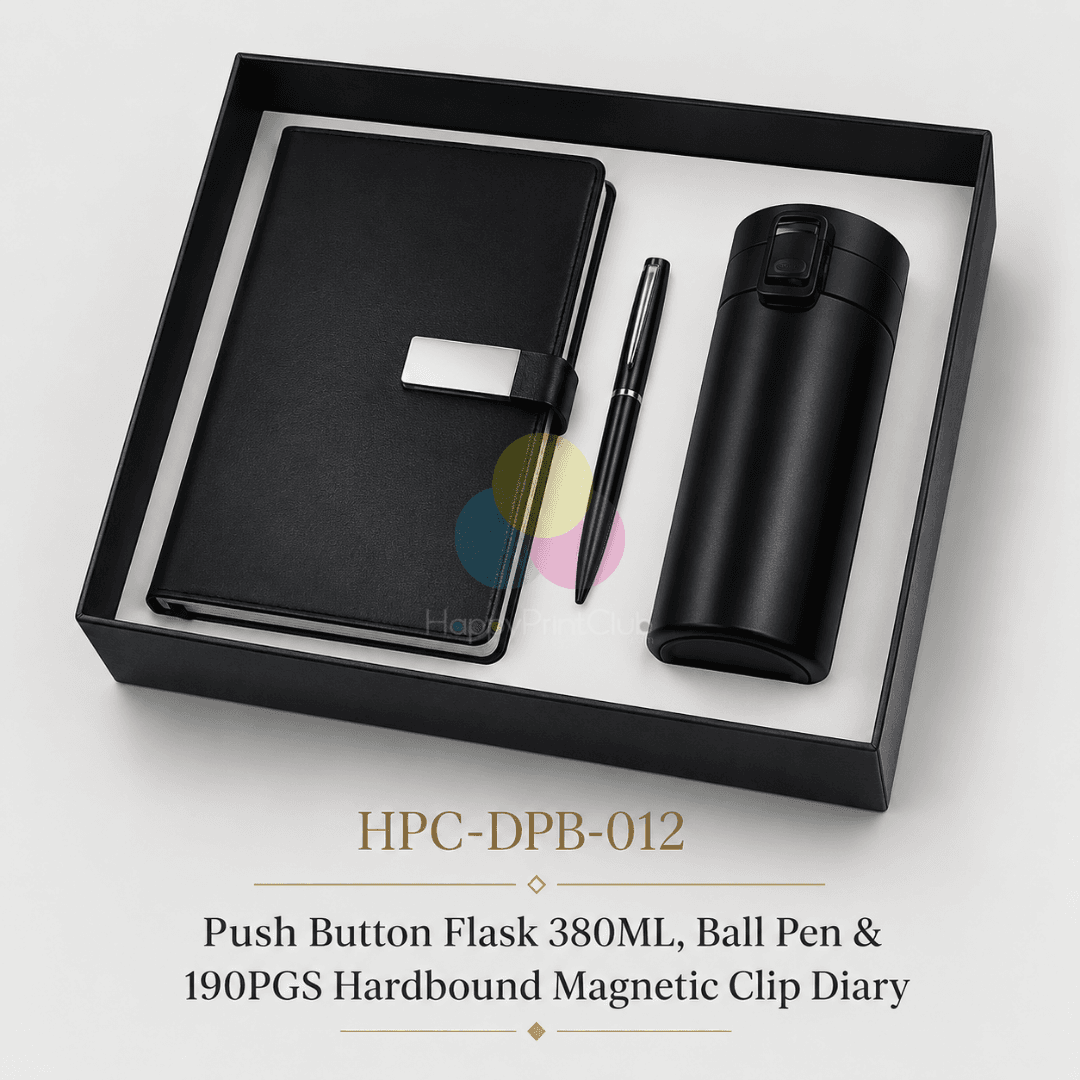 Employee Welcome Kit With Push Button Flask 380ML, Ball Pen & 190 Pages Hard Bound Magnetic Clip Diary