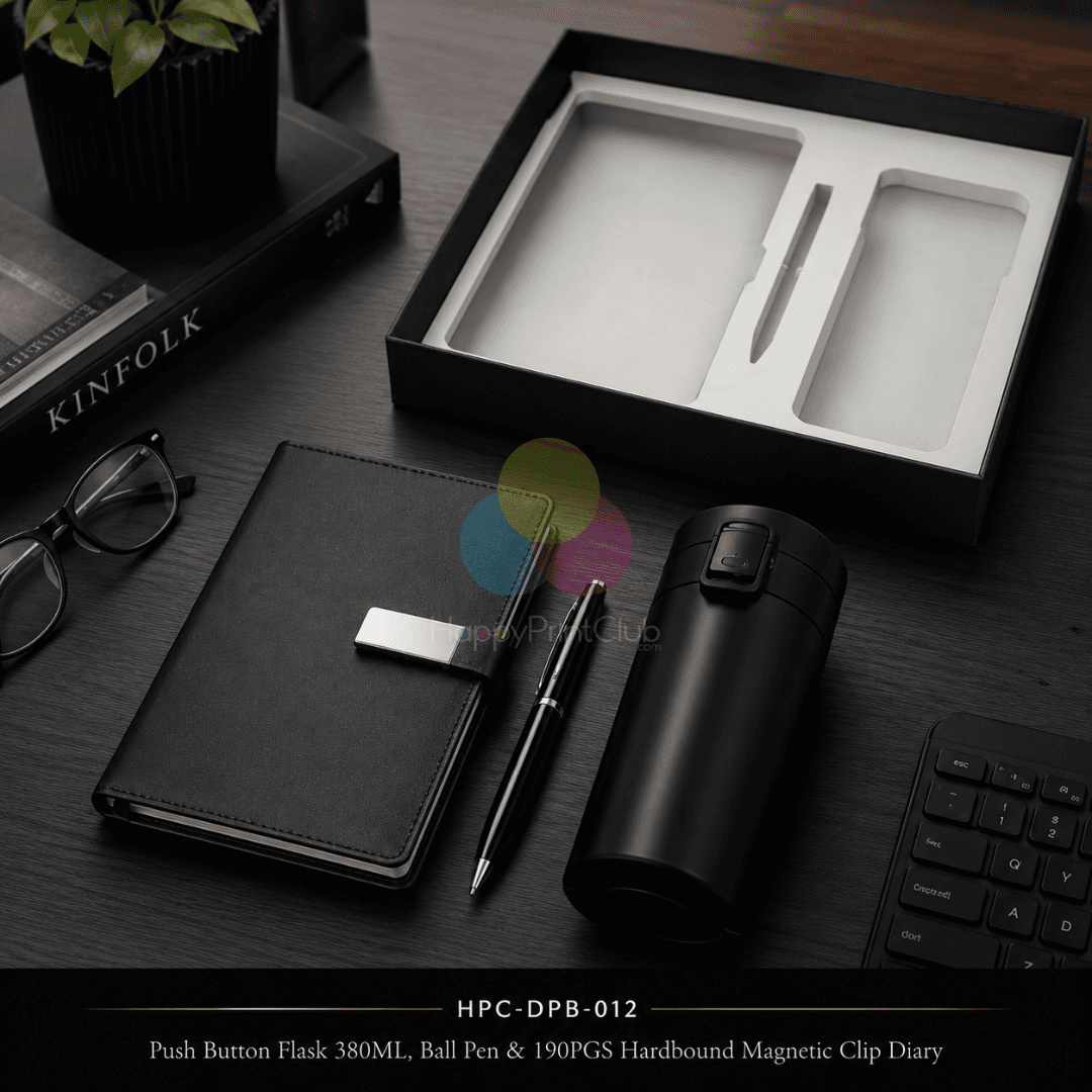 Employee Welcome Kit With Push Button Flask 380ML, Ball Pen & 190 Pages Hard Bound Magnetic Clip Diary