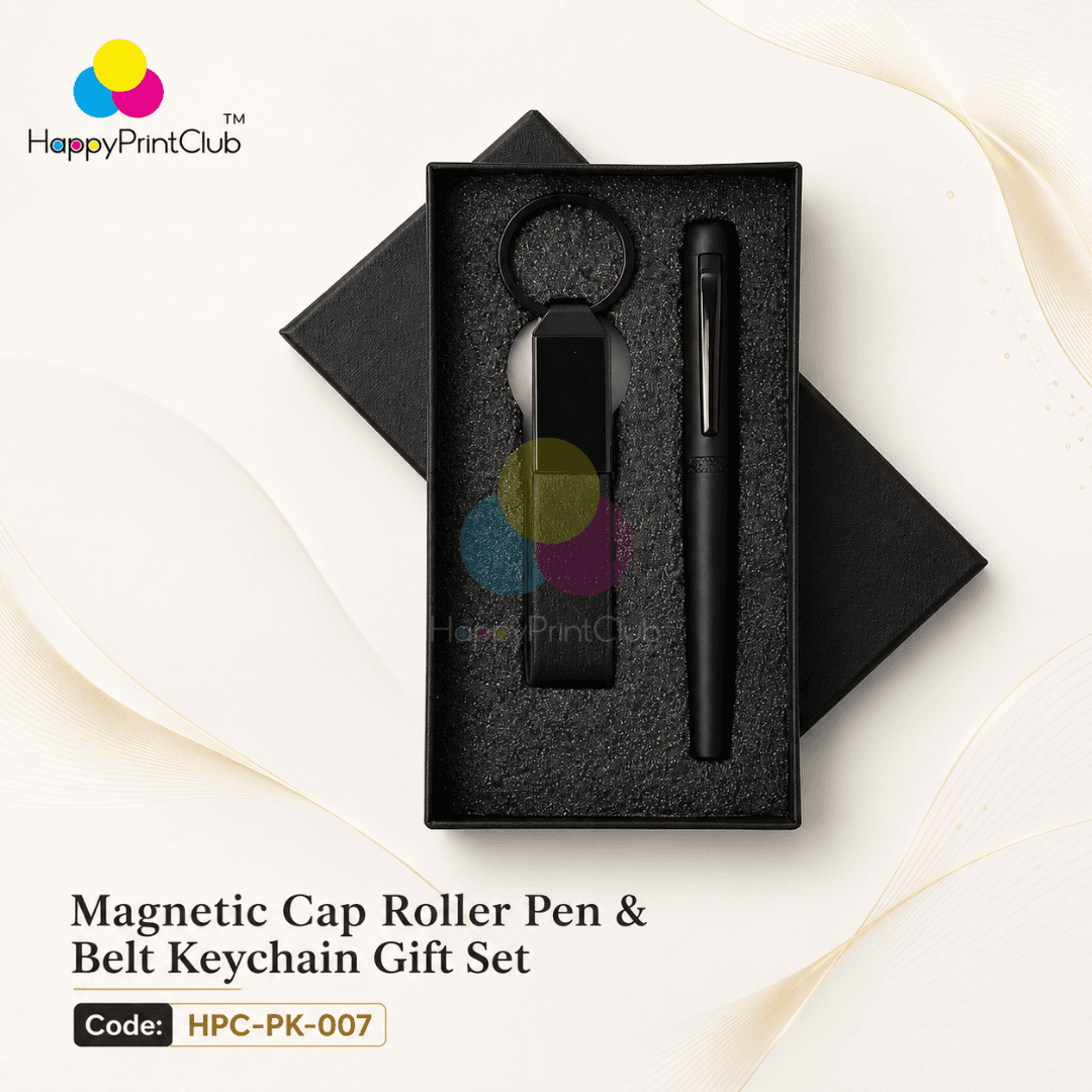 Customized Corporate Gift Set With Magnetic Cap Roller Pen & Belt Keychain