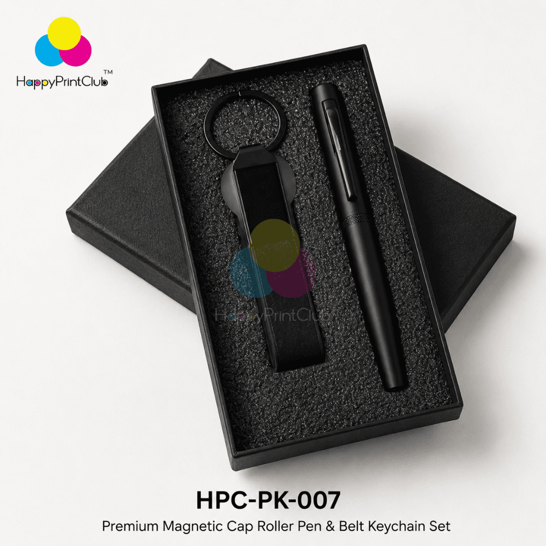 Customized Corporate Gift Set With Magnetic Cap Roller Pen & Belt Keychain