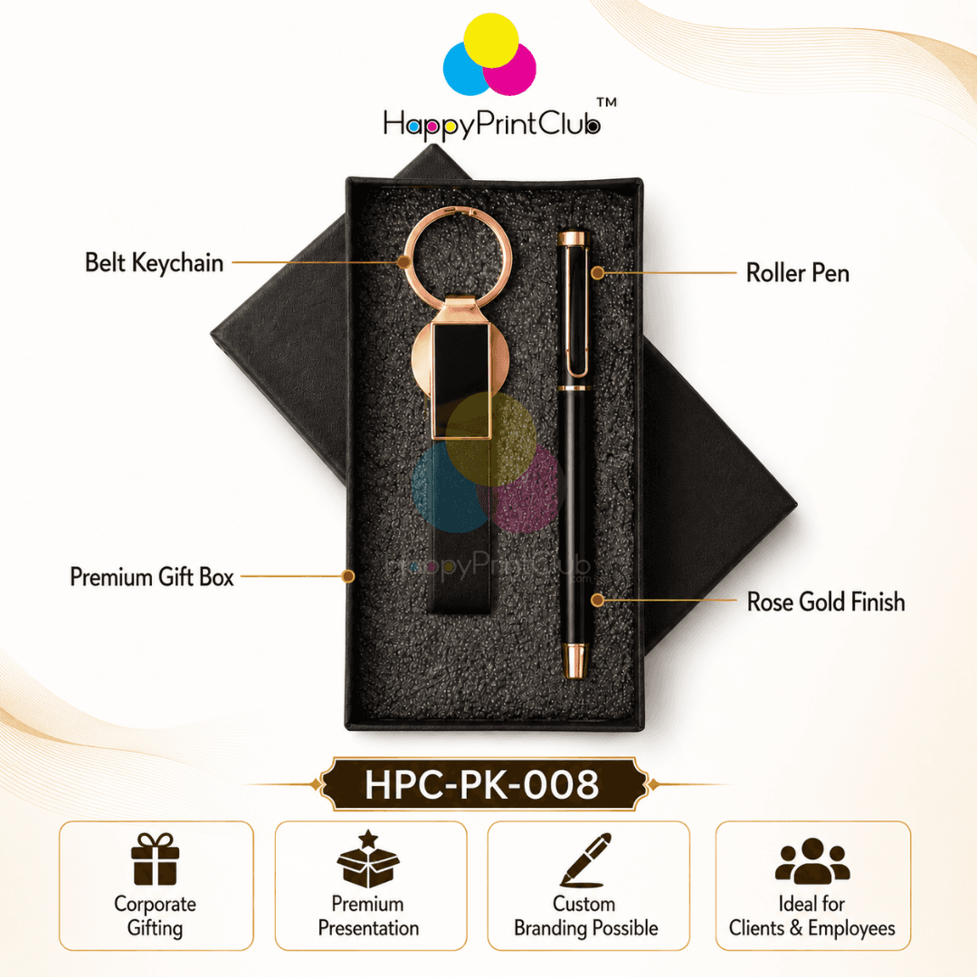 Customized Corporate Gift Set With Roller Pen & Belt Keychain