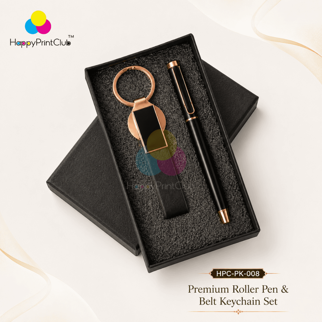 Customized Corporate Gift Set With Roller Pen & Belt Keychain