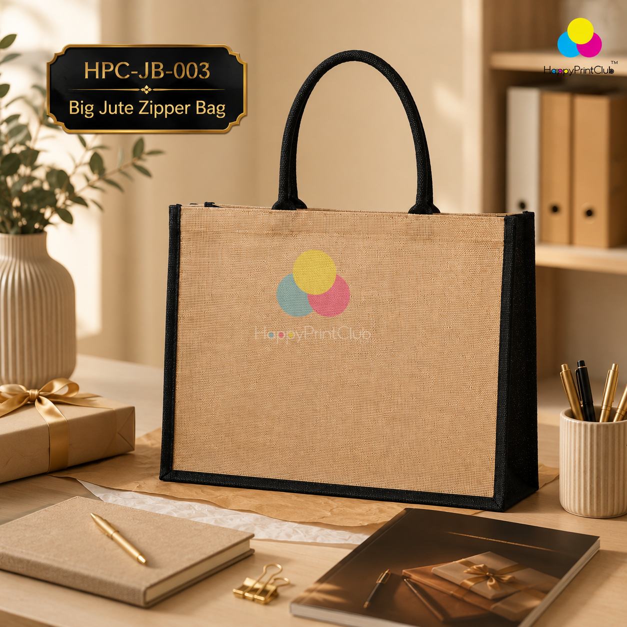 Large Black & Natural Jute Bag For Corporate Gifting