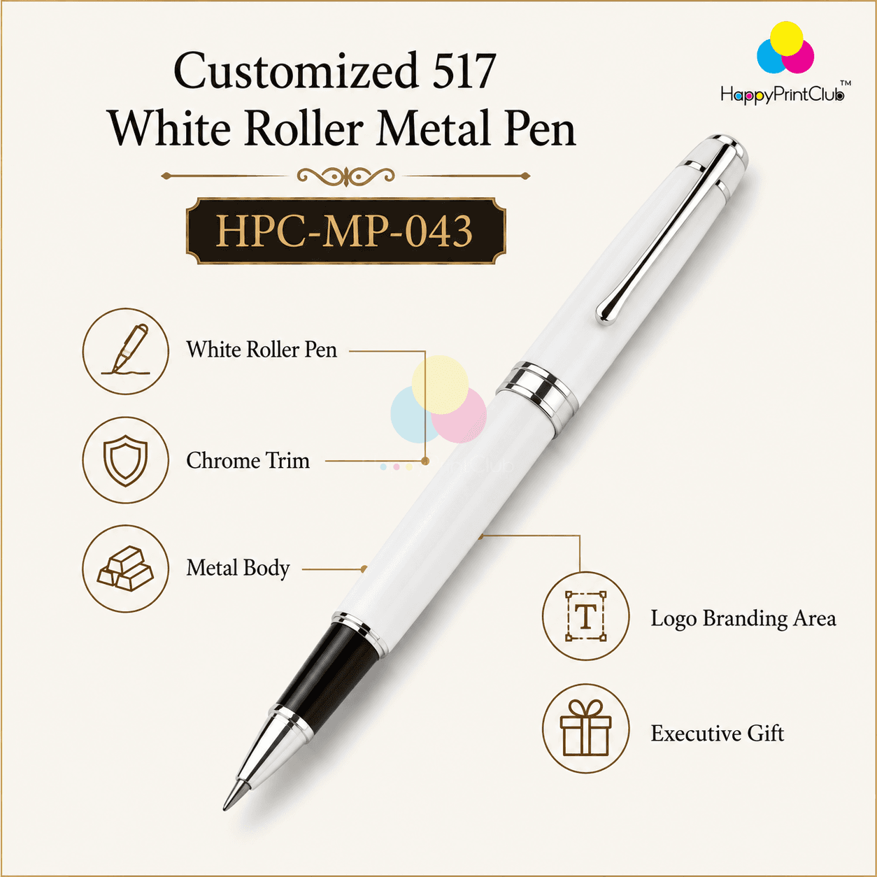 Customized 517 White Roller Metal Pen With Logo Printing