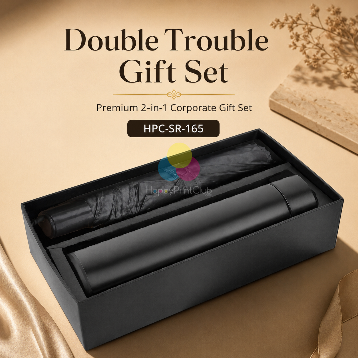 Customized Double Trouble Non-Temperature Bottle & 3 Fold Umbrella For Corporate Gifting