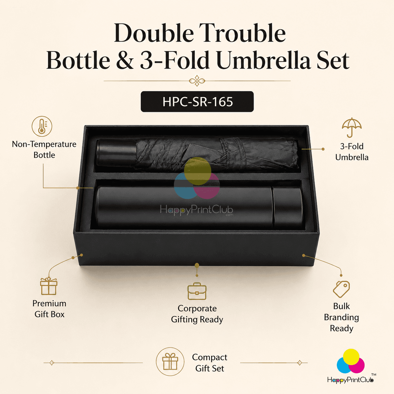 Customized Double Trouble Non-Temperature Bottle & 3 Fold Umbrella For Corporate Gifting