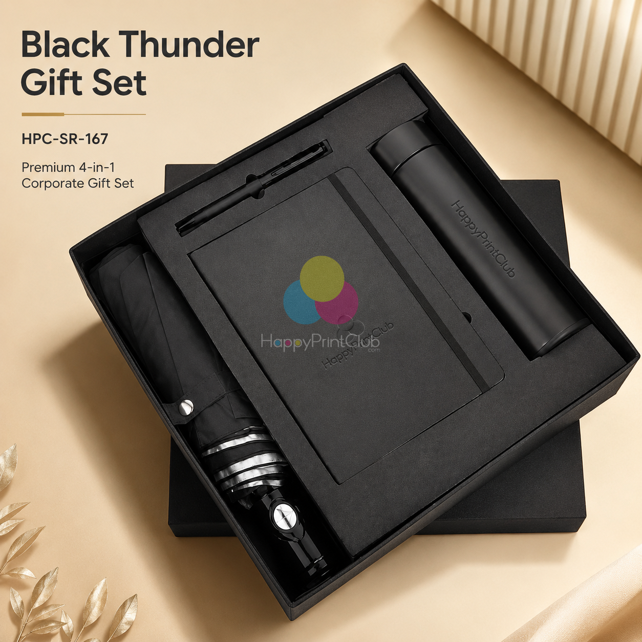 Customized Black Thunder Non-Temperature Bottle, 3 Fold Umbrella, Diary & Metal Pen For Corporate Gifting